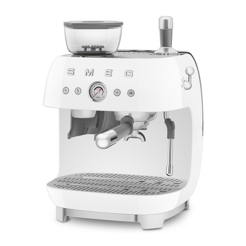 Smeg EGF03WHEU – Machine à Café Expresso Manuelle avec Broyeur à Grains, Thermoblock, 4 Températures, Buse Vapeur, 1 L, 1350W, Blanc