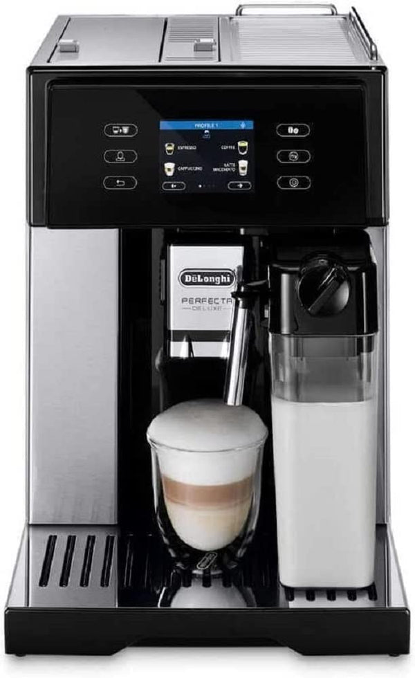 De'Longhi Perfecta Deluxe ESAM460.80.MB – Machine à Café Automatique avec LatteCrema, Fonction Cafetière, Écran Couleur, Acier Inoxydable/Noir