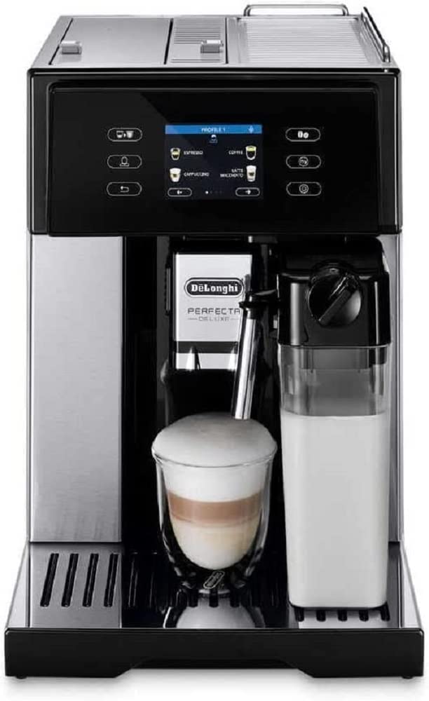 De'Longhi Perfecta Deluxe ESAM460.80.MB – Machine à Café Automatique avec LatteCrema, Fonction Cafetière, Écran Couleur, Acier Inoxydable/Noir