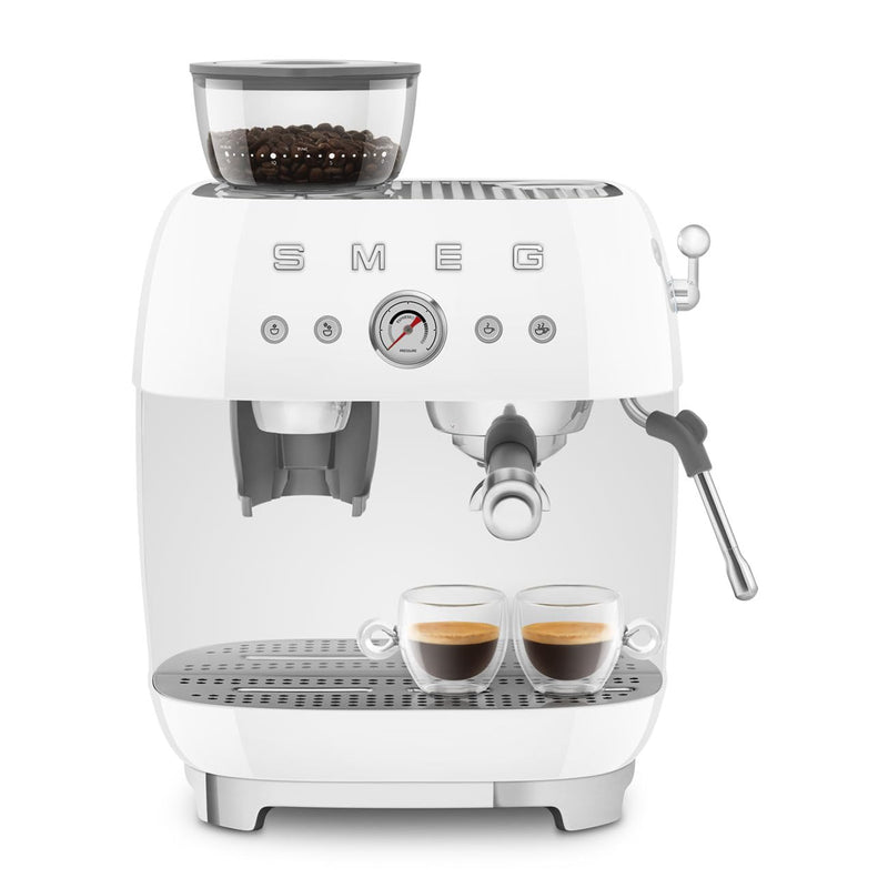 Smeg EGF03WHEU – Machine à Café Expresso Manuelle avec Broyeur à Grains, Thermoblock, 4 Températures, Buse Vapeur, 1 L, 1350W, Blanc