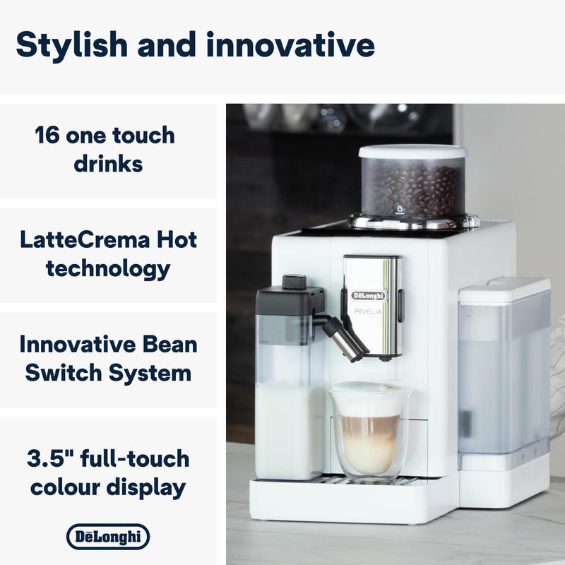 De'Longhi Rivelia EXAM440.55.W – Machine à Café Automatique à Grains, 16 Recettes, Carafe à Lait, Écran Tactile, Blanc