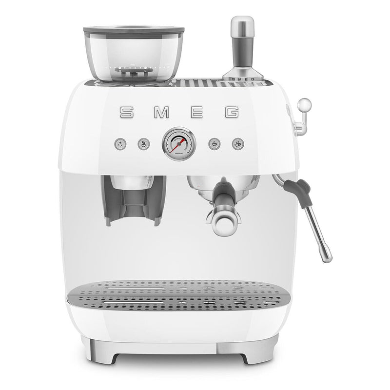 Smeg EGF03WHEU – Machine à Café Expresso Manuelle avec Broyeur à Grains, Thermoblock, 4 Températures, Buse Vapeur, 1 L, 1350W, Blanc