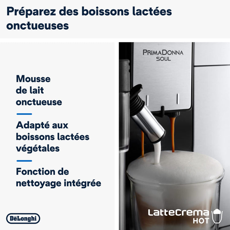 De'Longhi PrimaDonna Soul ECAM612.55.SB – Machine à Café à Grains Expresso & Cappuccino, Technologie Bean Adapt, Argent/Noir
