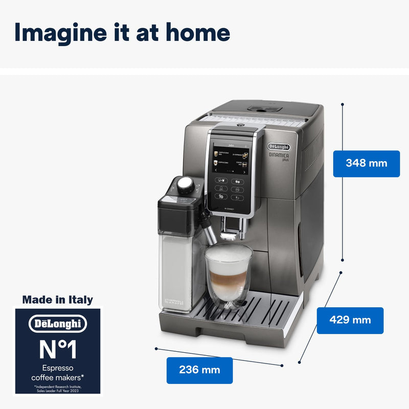 De'Longhi Dinamica Plus ECAM370.95.T – Machine à Café à Grains avec Mousseur à Lait, Cappuccino & Espresso, Écran TFT 3,5", Contrôle App, 1450W, Titan