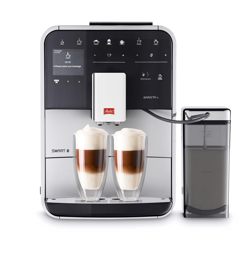 Melitta Barista TS Smart F850-101 – Machine à Café Expresso et Boissons Chaudes Automatique, 2 Réservoirs à Grains, Récipient à Lait, Broyeur Silencieux, Argent