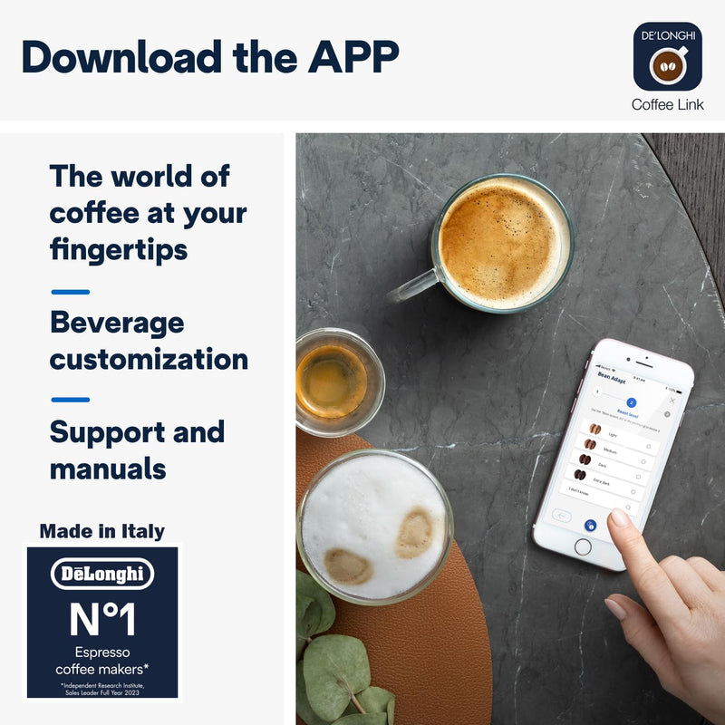 De'Longhi Dinamica Plus ECAM370.95.T – Machine à Café à Grains avec Mousseur à Lait, Cappuccino & Espresso, Écran TFT 3,5", Contrôle App, 1450W, Titan