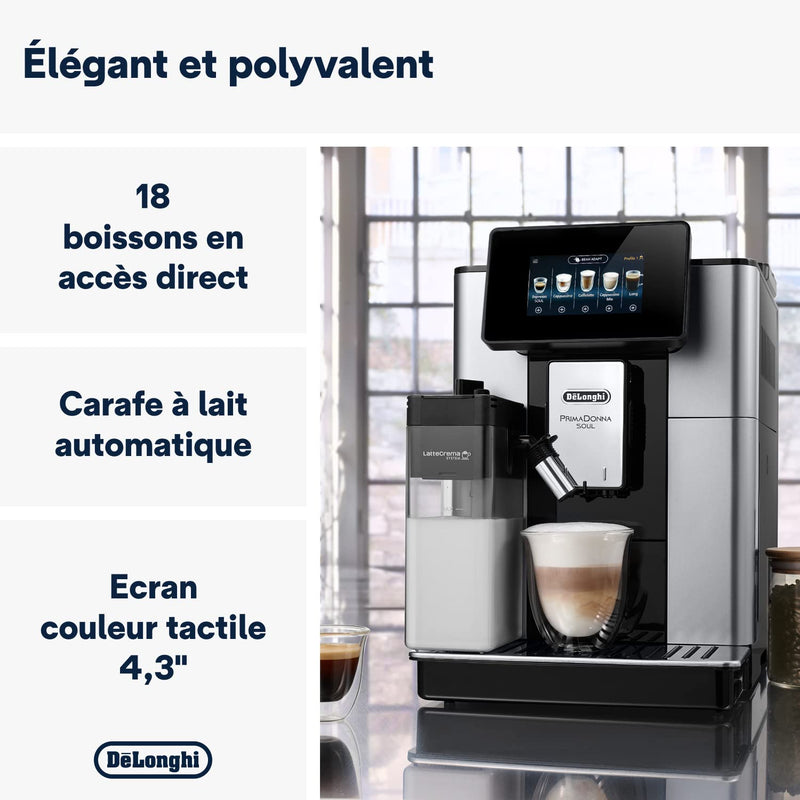 De'Longhi PrimaDonna Soul ECAM612.55.SB – Machine à Café à Grains Expresso & Cappuccino, Technologie Bean Adapt, Argent/Noir