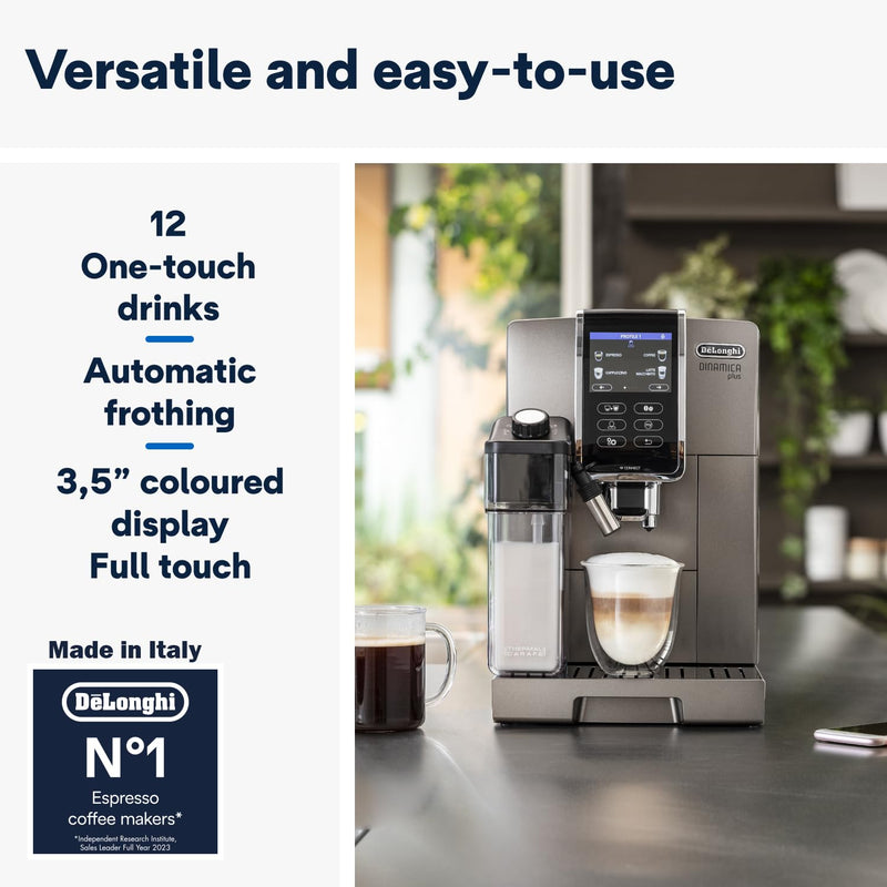 De'Longhi Dinamica Plus ECAM370.95.T – Machine à Café à Grains avec Mousseur à Lait, Cappuccino & Espresso, Écran TFT 3,5", Contrôle App, 1450W, Titan