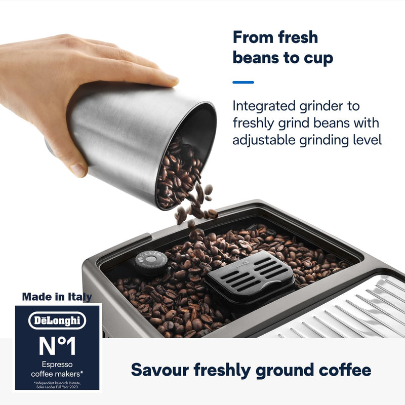De'Longhi Dinamica Plus ECAM370.95.T – Machine à Café à Grains avec Mousseur à Lait, Cappuccino & Espresso, Écran TFT 3,5", Contrôle App, 1450W, Titan