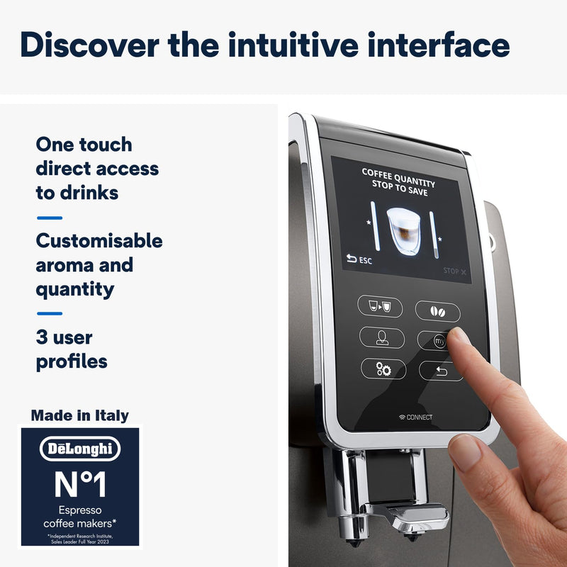 De'Longhi Dinamica Plus ECAM370.95.T – Machine à Café à Grains avec Mousseur à Lait, Cappuccino & Espresso, Écran TFT 3,5", Contrôle App, 1450W, Titan