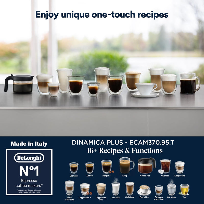 De'Longhi Dinamica Plus ECAM370.95.T – Machine à Café à Grains avec Mousseur à Lait, Cappuccino & Espresso, Écran TFT 3,5", Contrôle App, 1450W, Titan
