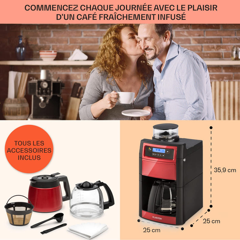 Klarstein – Machine à Café Automatique à Grains avec Broyeur 1000W, 10 Tasses, Minuterie et Filtre à Charbon Actif