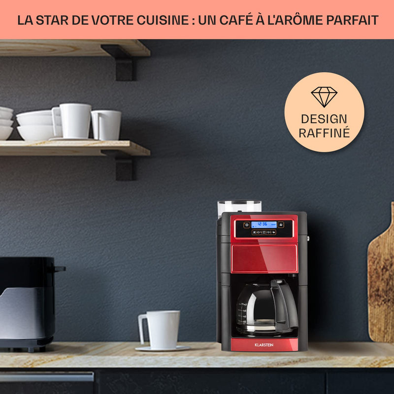 Klarstein – Machine à Café Automatique à Grains avec Broyeur 1000W, 10 Tasses, Minuterie et Filtre à Charbon Actif