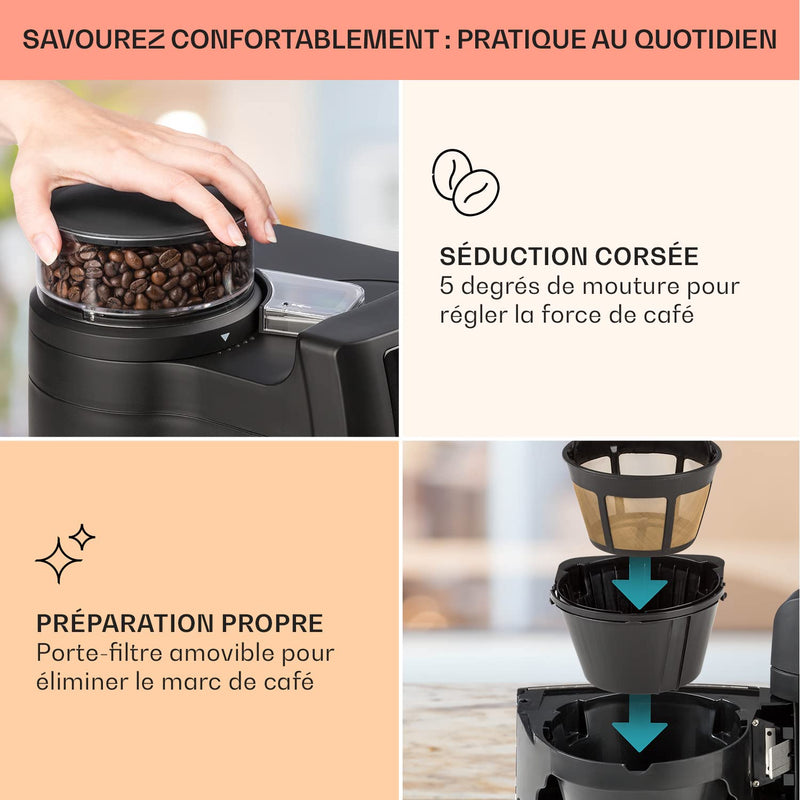Klarstein – Machine à Café Automatique à Grains avec Broyeur 1000W, 10 Tasses, Minuterie et Filtre à Charbon Actif